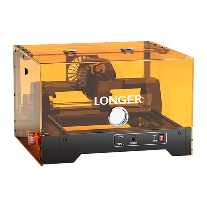 Zamknięta grawerka laserowa Longer Ray5 miniS w charakterystycznej pomarańczowej obudowie ważąca 2,89 kg.