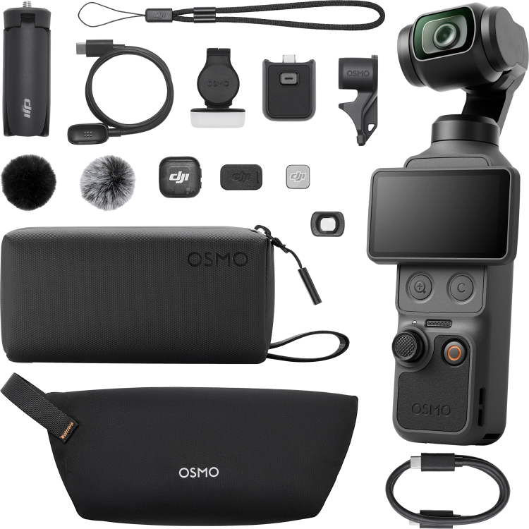 Kamera DJI Osmo Pocket 4, etui, torba, nadajnik DJI Mic 3 i akcesoria zestawu Creator