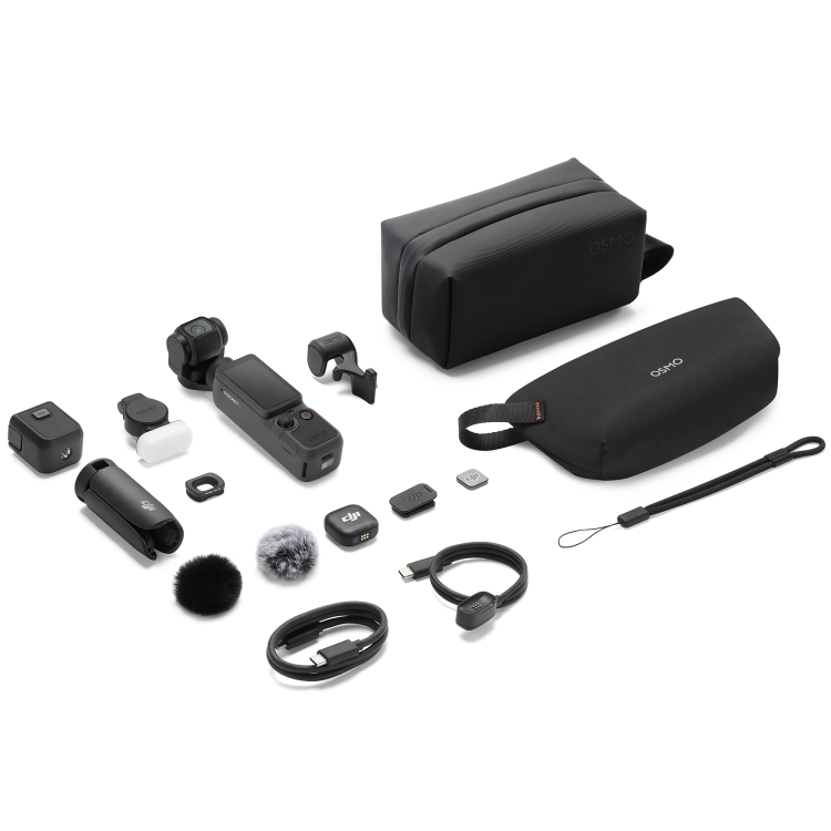 Zawartość zestawu DJI Osmo Pocket 4 Creator Combo rozłożona na białym tle