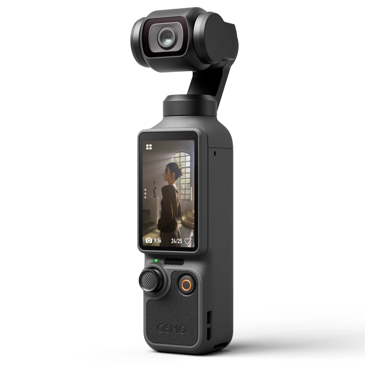 DJI Osmo Pocket 4 z lewej strony, pionowy ekran dotykowy i joystick