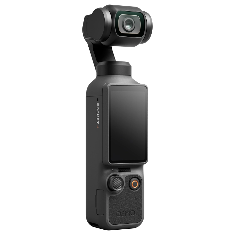DJI Osmo Pocket 4 ukośnie z prawej, wyłączony ekran i przyciski sterujące