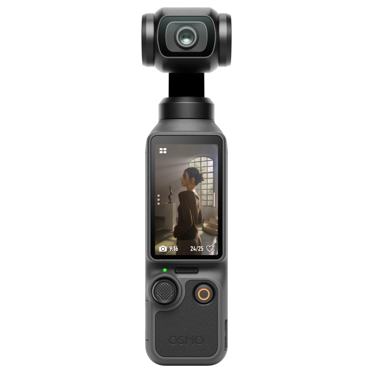 DJI Osmo Pocket 4 na wprost: gimbal, ekran OLED z kadrem pionowym, joystick