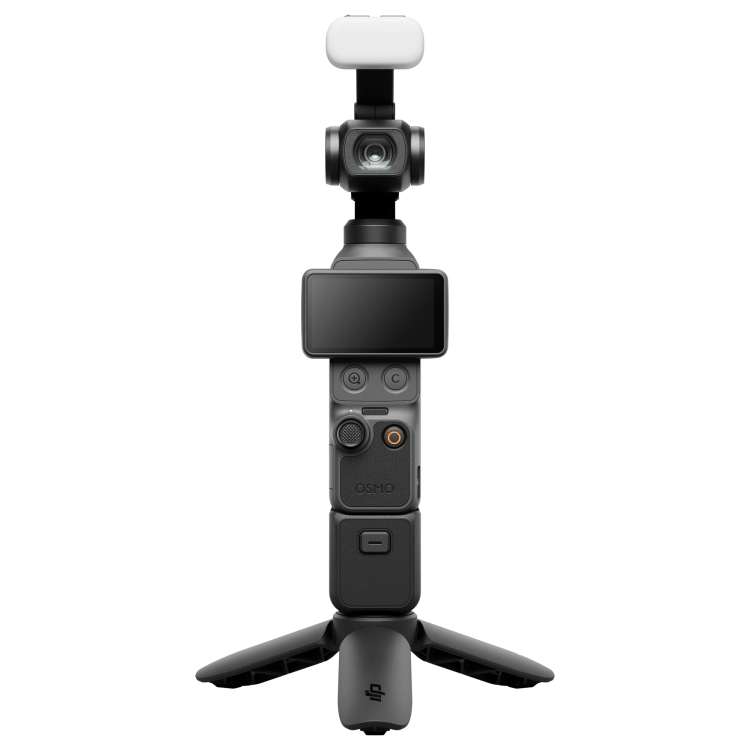 DJI Osmo Pocket 4 z lampką Fill Light i mini statywem, widok z przodu