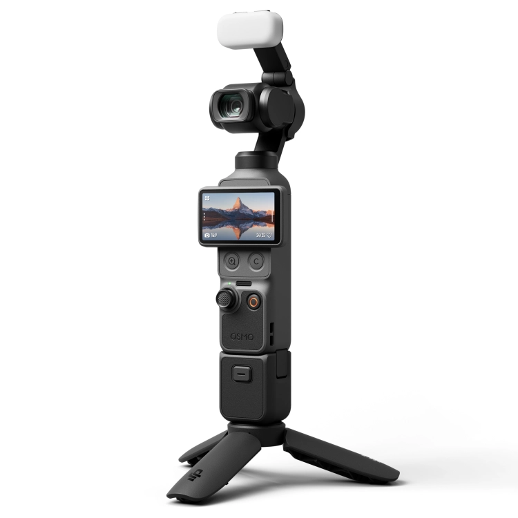 DJI Osmo Pocket 4 z lampką Fill Light na mini statywie, ekran obrócony poziomo