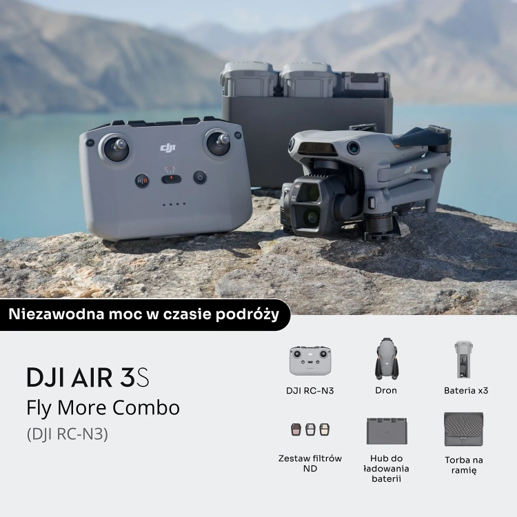 Dron DJI Air 3S Fly More Combo z kontrolerem DJI RC-N3 i zestawem akumulatorów