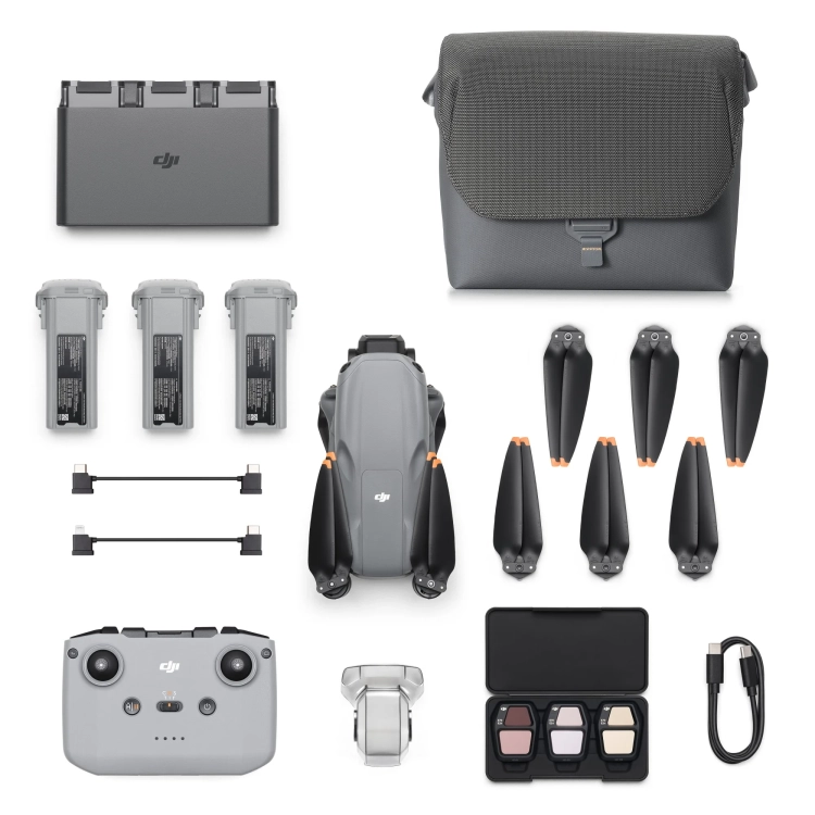 Dron DJI Air 3S Fly More Combo z kontrolerem DJI RC-N3 zawartość zestawu od góry