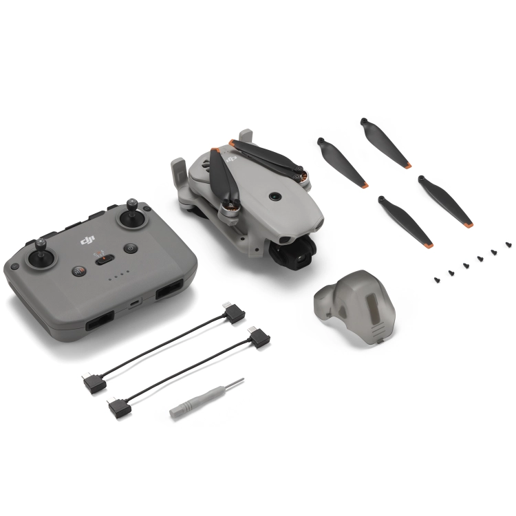 Złożony DJI Lito X1 z aparaturą DJI RC-N3, kablami i zapasowymi śmigłami