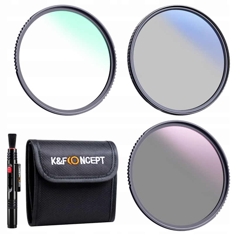 Zestaw trzech filtrów fotograficznych K&F Concept Nano-K UV CPL i ND4 o średnicy 67 mm.