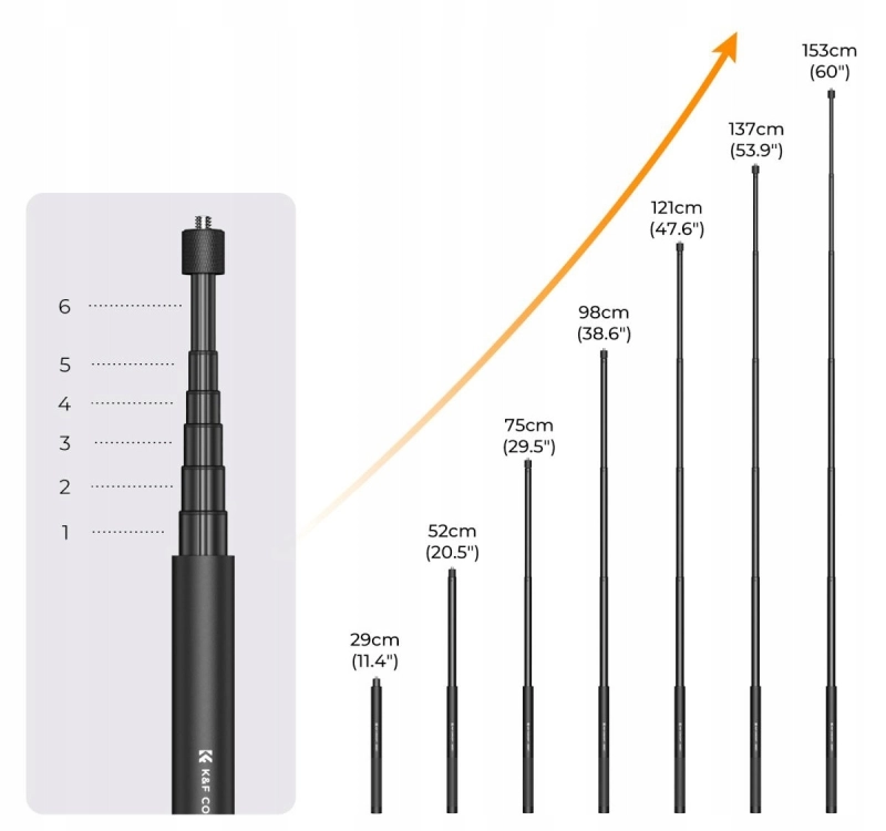 Teleskopowy aluminiowy monopod K&F Concept o maksymalnej długości 153 centymetrów z mocowaniem dla kamer sportowych.