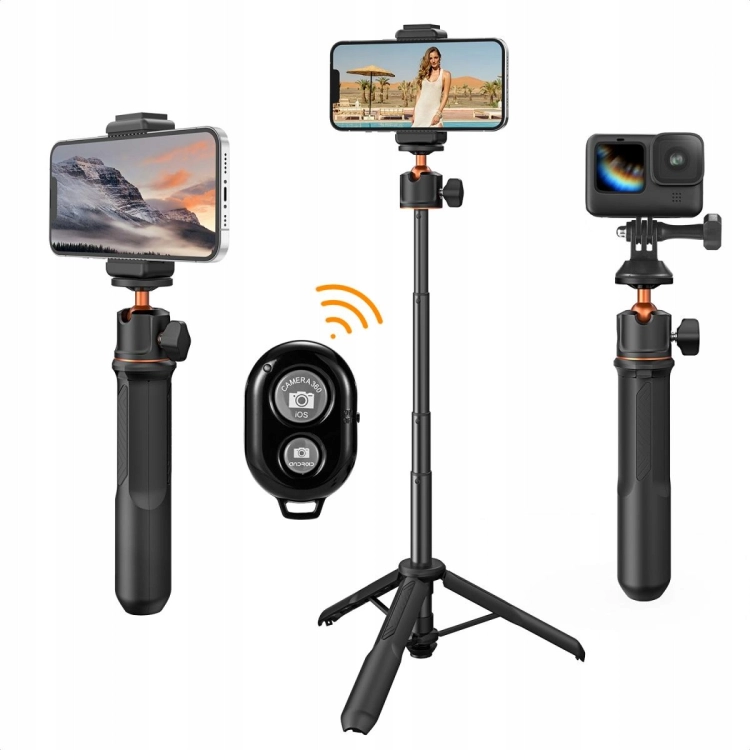 Demontowany pilot bezprzewodowy Bluetooth 5.2 umieszczony w centralnej części rączki kijka Selfie Stick.