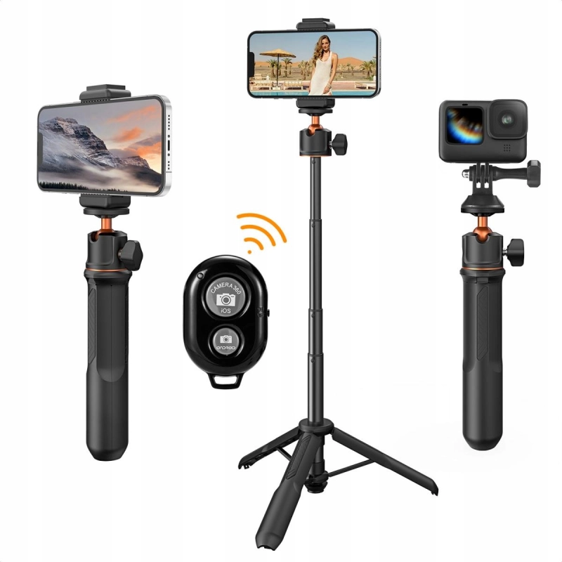 Demontowany pilot bezprzewodowy Bluetooth 5.2 umieszczony w centralnej części rączki kijka Selfie Stick.