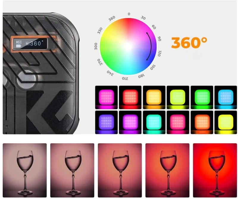 Symulacja trybu oświetlenia RGB w kompaktowej lampie wideo LED dla twórców internetowych.