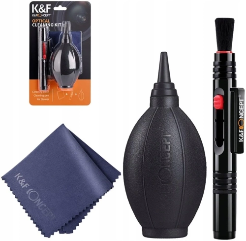 Zawartość zestawu K&F Concept Cleaning Kit obejmująca gruszkę, pióro oraz ściereczkę z mikrowłókna.