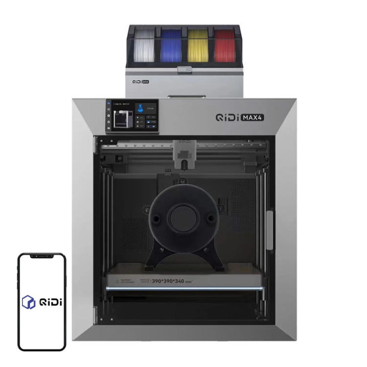 Przemysłowa zamknięta drukarka 3D QIDI Max 4 Combo drukująca wielokolorowe modele w komorze CoreXY.