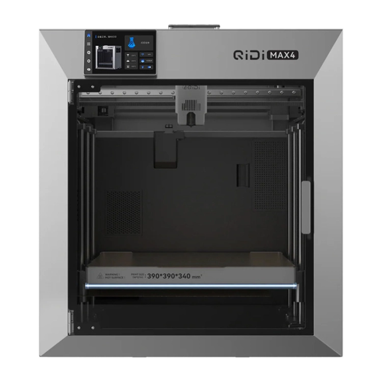 Zamknięta drukarka 3D QIDI Max 4 z podświetloną na pomarańczowo komorą roboczą do druku przemysłowego.