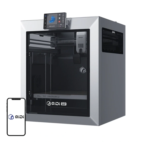 Przód drukarki 3D QIDI Q2 z ekranem dotykowym i zamkniętą komorą roboczą.