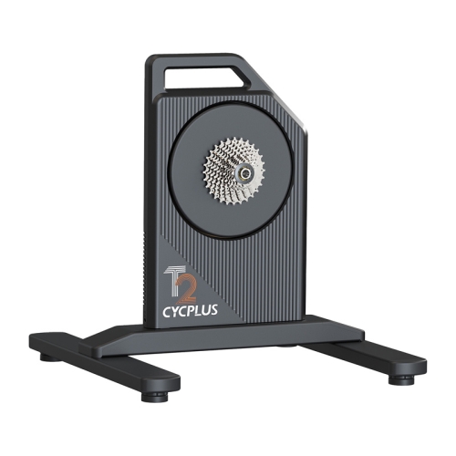 Czarny inteligentny trenażer rowerowy Cycplus T2H typu Direct Drive na ciemnym tle.