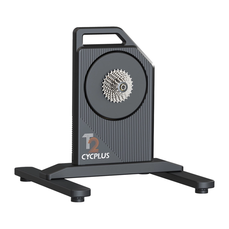Czarny inteligentny trenażer rowerowy Cycplus T2H typu Direct Drive na ciemnym tle.