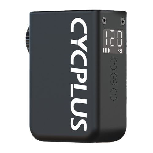 Czarna pompka Cycplus z białym logo i wyświetlaczem LCD prezentującym ciśnienie na jasnoniebieskim tle.