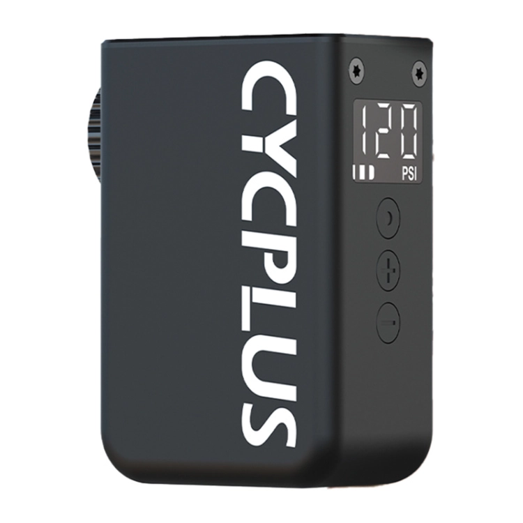 Czarna pompka Cycplus z białym logo i wyświetlaczem LCD prezentującym ciśnienie na jasnoniebieskim tle.