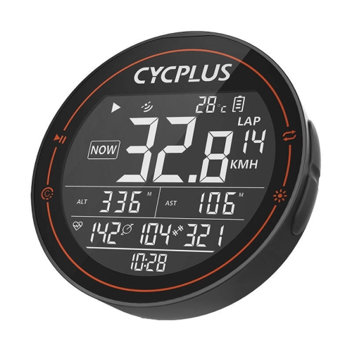 Dłoń trzymająca komputer rowerowy Cycplus M2 z czytelnym wyświetlaczem prezentującym aktualną prędkość i dystans.