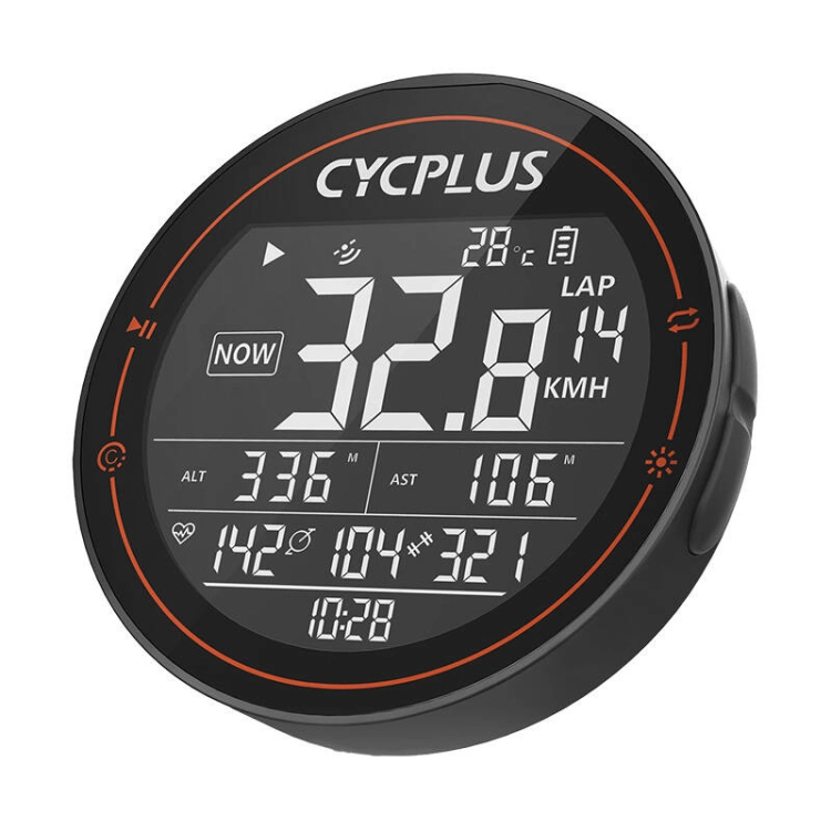 Dłoń trzymająca komputer rowerowy Cycplus M2 z czytelnym wyświetlaczem prezentującym aktualną prędkość i dystans.