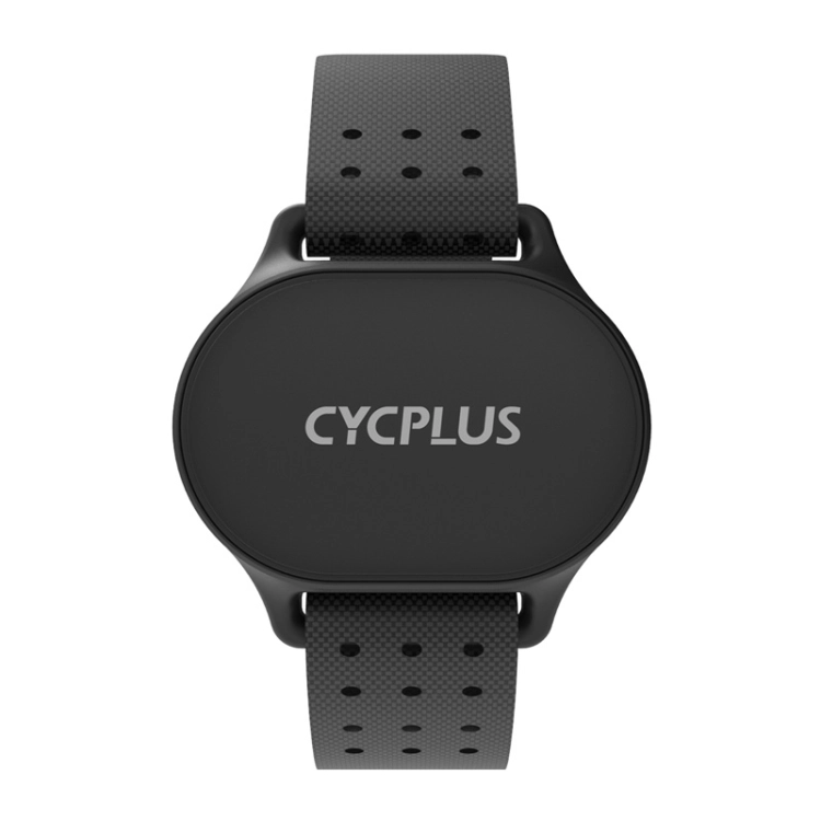 Czarna opaska Cycplus H1 z precyzyjnym czujnikiem tętna na tle biegnącej kobiety w odcieniach czerni i bieli.