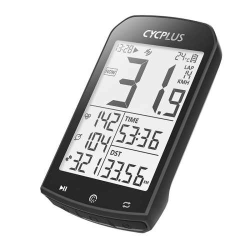 Nowoczesny komputer rowerowy Cycplus M1 z dużym ekranem zamontowany na kierownicy roweru szosowego.