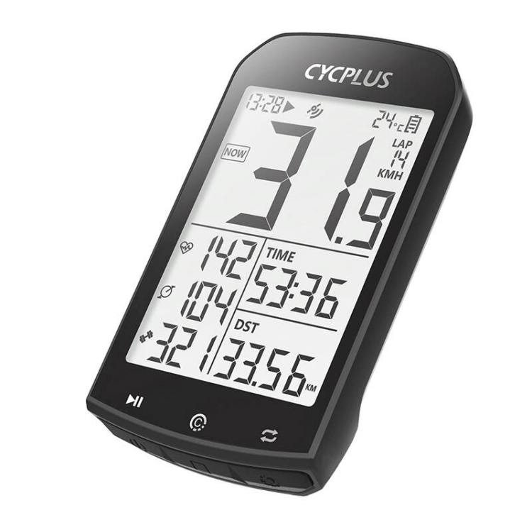 Nowoczesny komputer rowerowy Cycplus M1 z dużym ekranem zamontowany na kierownicy roweru szosowego.