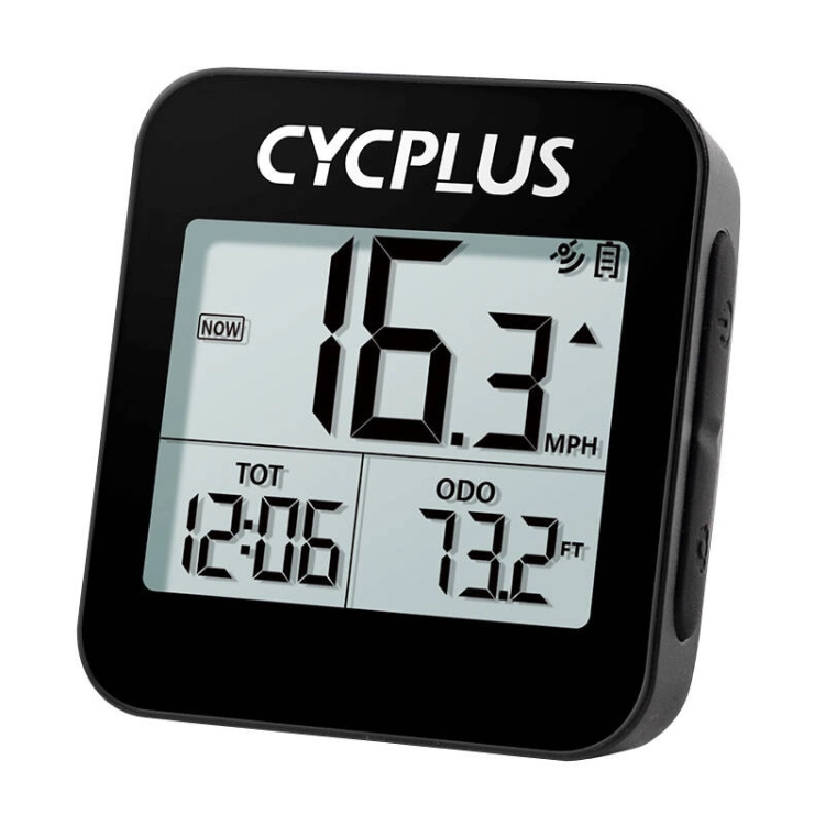 Nowoczesny licznik rowerowy Cycplus G1 zamontowany na kierownicy z włączonym modułem GPS.