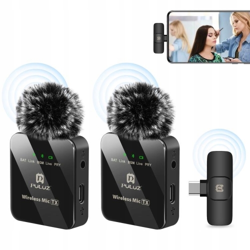 Kompletny zestaw dwóch bezprzewodowych mikrofonów krawatowych PULUZ PU648B ze złączem USB-C.