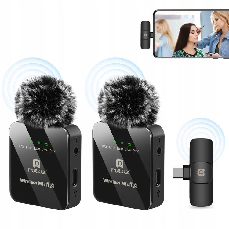 Kompletny zestaw dwóch bezprzewodowych mikrofonów krawatowych PULUZ PU648B ze złączem USB-C.