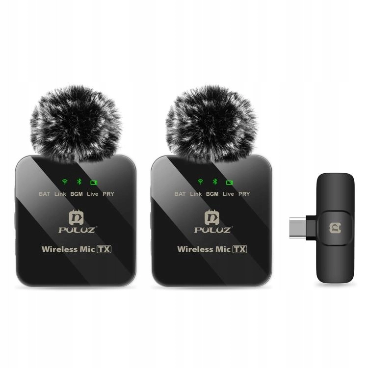 Zawartość zestawu PULUZ: mikrofony, odbiornik USB-C, słuchawki, gąbki, kable ładujące i sztywne etui.