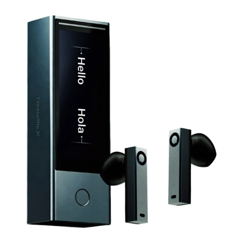Translator TIMEKETTLE X1 Meeting wraz ze słuchawkami wykorzystywanymi do tłumaczenia na żywo.