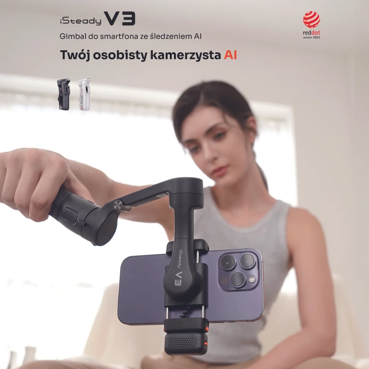 Gimbal Hohem iSteady V3 biały – grafika „Twój osobisty kamerzysta AI”, kobieta z gimbalem