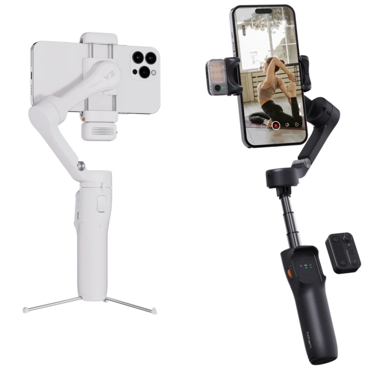 Gimbal Hohem iSteady V3 – wersja biała na statywie i czarna ze smartfonem obok siebie