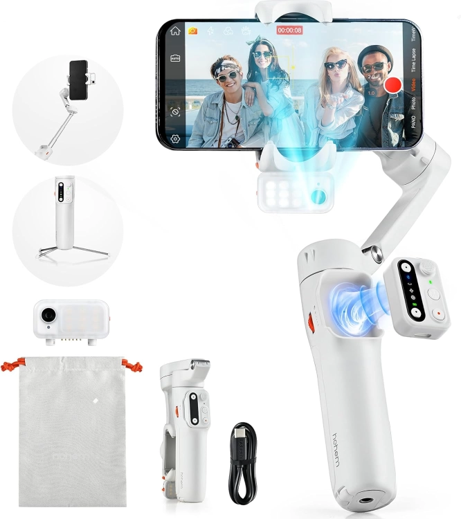 Gimbal Hohem iSteady V3 biały ze smartfonem, pilotem, lampą AI, kablem i etui