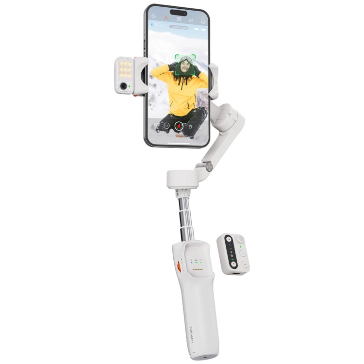 Gimbal Hohem iSteady V3 biały ze smartfonem w pionie i odłączanym pilotem, widok z przodu