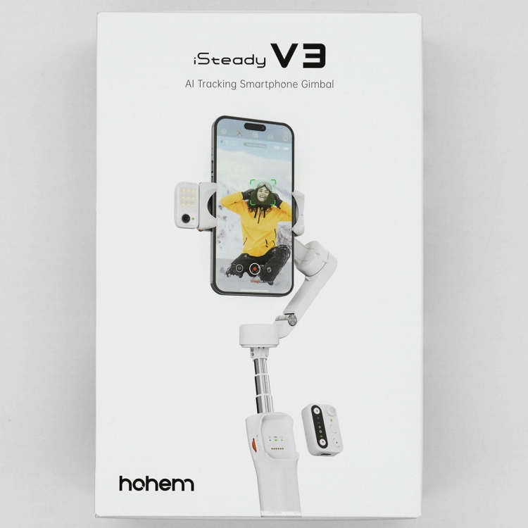 Gimbal Hohem iSteady V3 biały – opakowanie produktu z gimbalem i smartfonem na froncie
