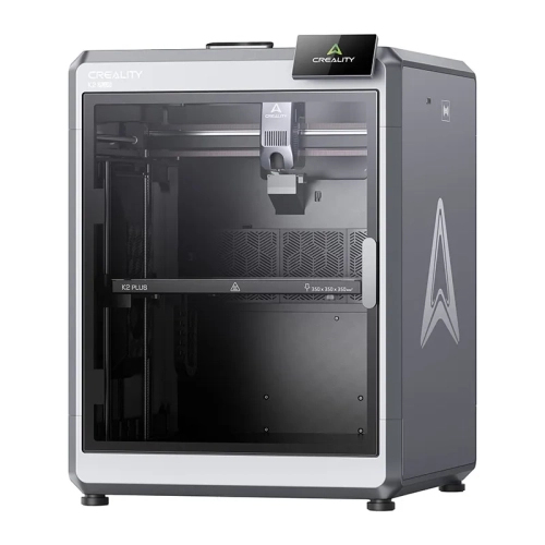 Nowoczesna, zamknięta drukarka 3D Creality K2 Plus z widocznym, dużym polem roboczym.