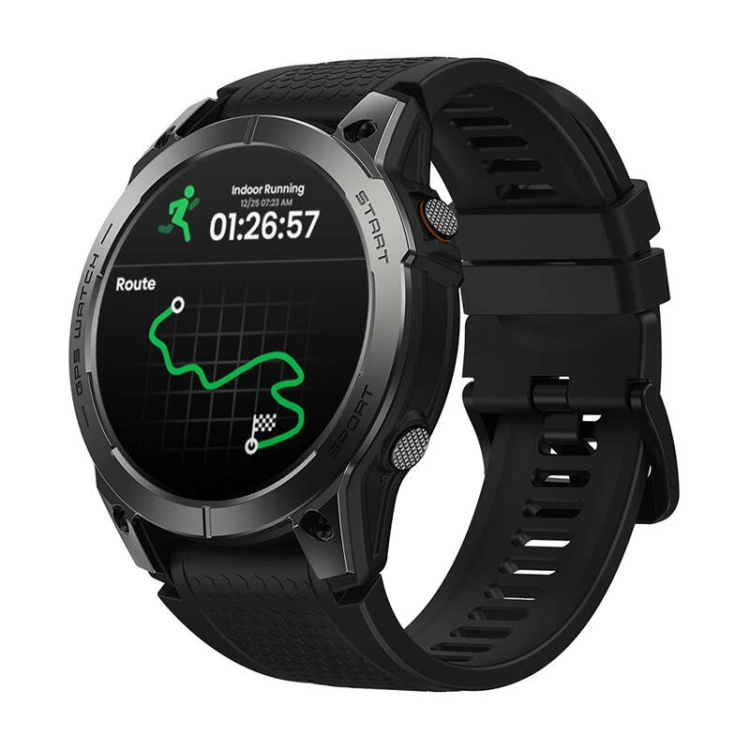 Elegancki czarny smartwatch Zeblaze Stratos 3 Pro z wyświetlaczem Ultra HD AMOLED.