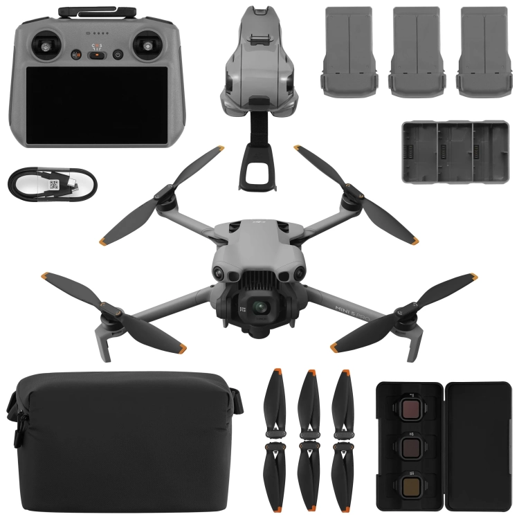Rozłożony DJI Mini 5 Pro z aparaturą DJI RC 2, akumulatorami, hubem, torbą i filtrami ND