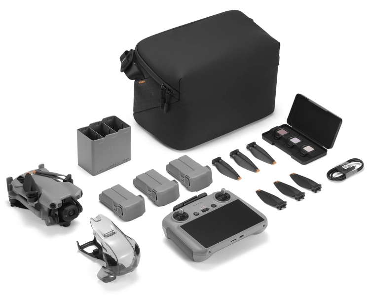 DJI Mini 5 Pro z torbą na ramię, hubem, trzema akumulatorami, aparaturą RC 2 i filtrami