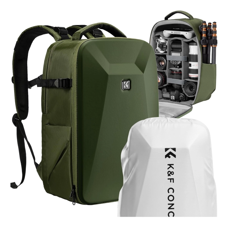 Zielony plecak fotograficzny K&F Concept 22L z twardą skorupą EVA.