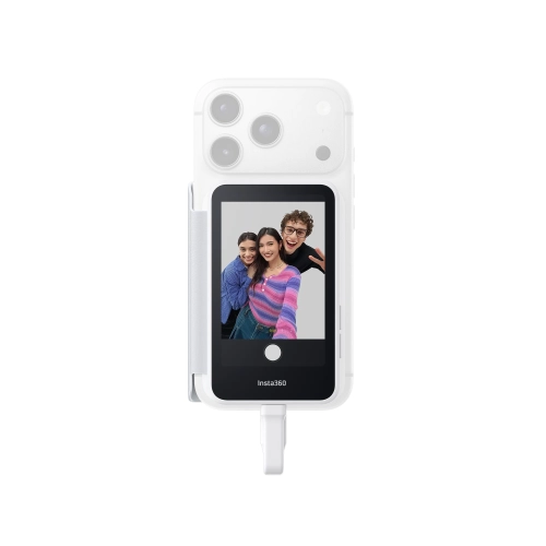 Przedni widok Insta360 Snap Selfie Screen zamocowanego do telefonu