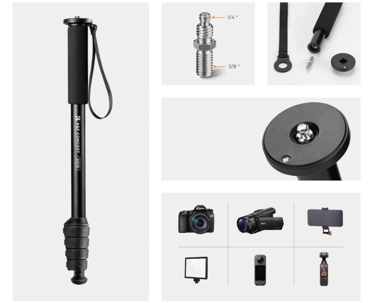 Aluminiowy monopod K&F Concept 160 cm z mocowaniem 1/4" i 3/8"