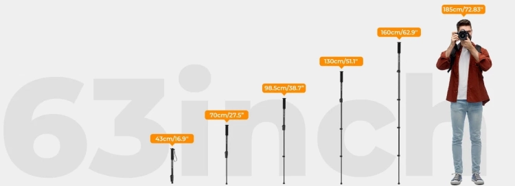 Zakres regulacji wysokości monopodu K&F Concept MS16 do 160 cm