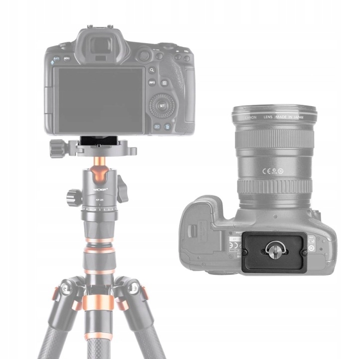 Szybkozłączka K&F Concept KF31.030 zamontowana na statywie i głowicy fotograficznej