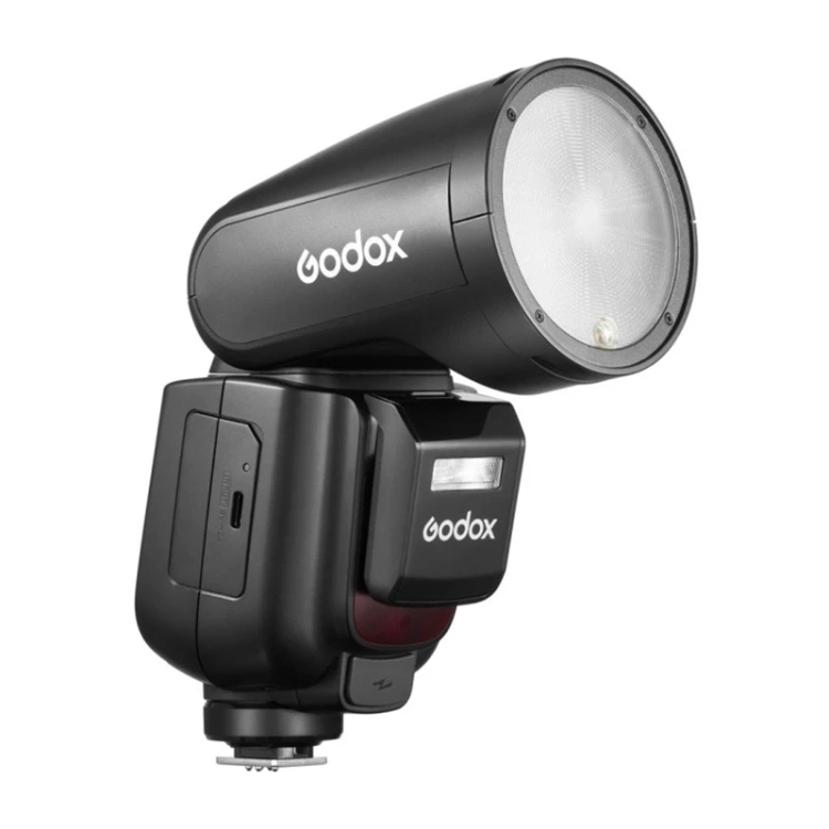 Lampa błyskowa Godox V1Pro N z ruchomą głowicą i modułem SU-1, widok z boku