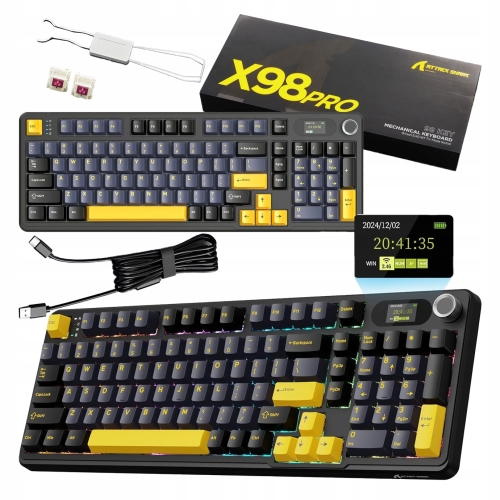 Bezprzewodowa klawiatura mechaniczna ATTACK SHARK X98 PRO z ekranem LED i pokrętłem.
